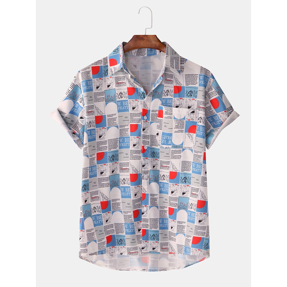 Mens Fashion Plaid Patchwork Printing Breathable Turn Down Collar Casual Shirts - Black M