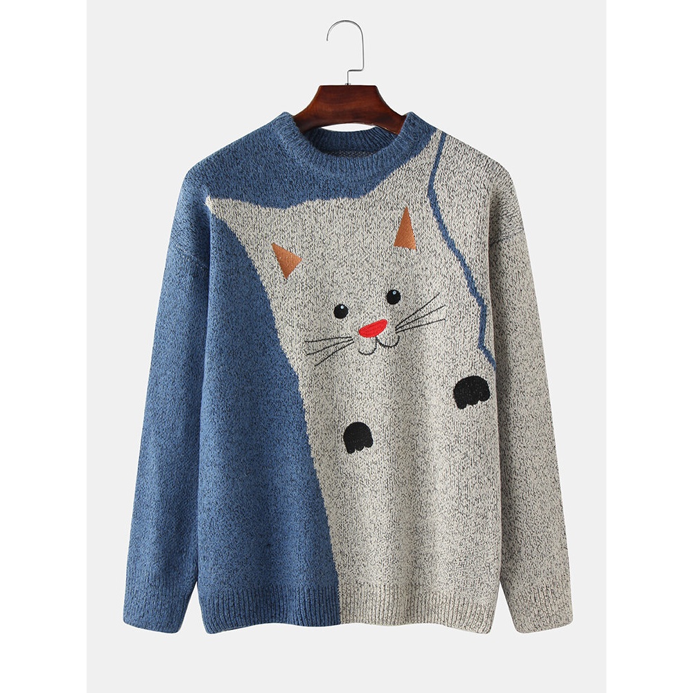Mens Cute Cat Pattern Knit Crew Neck Casual Drop Shoulder Pullover Sweaters - M Yellow