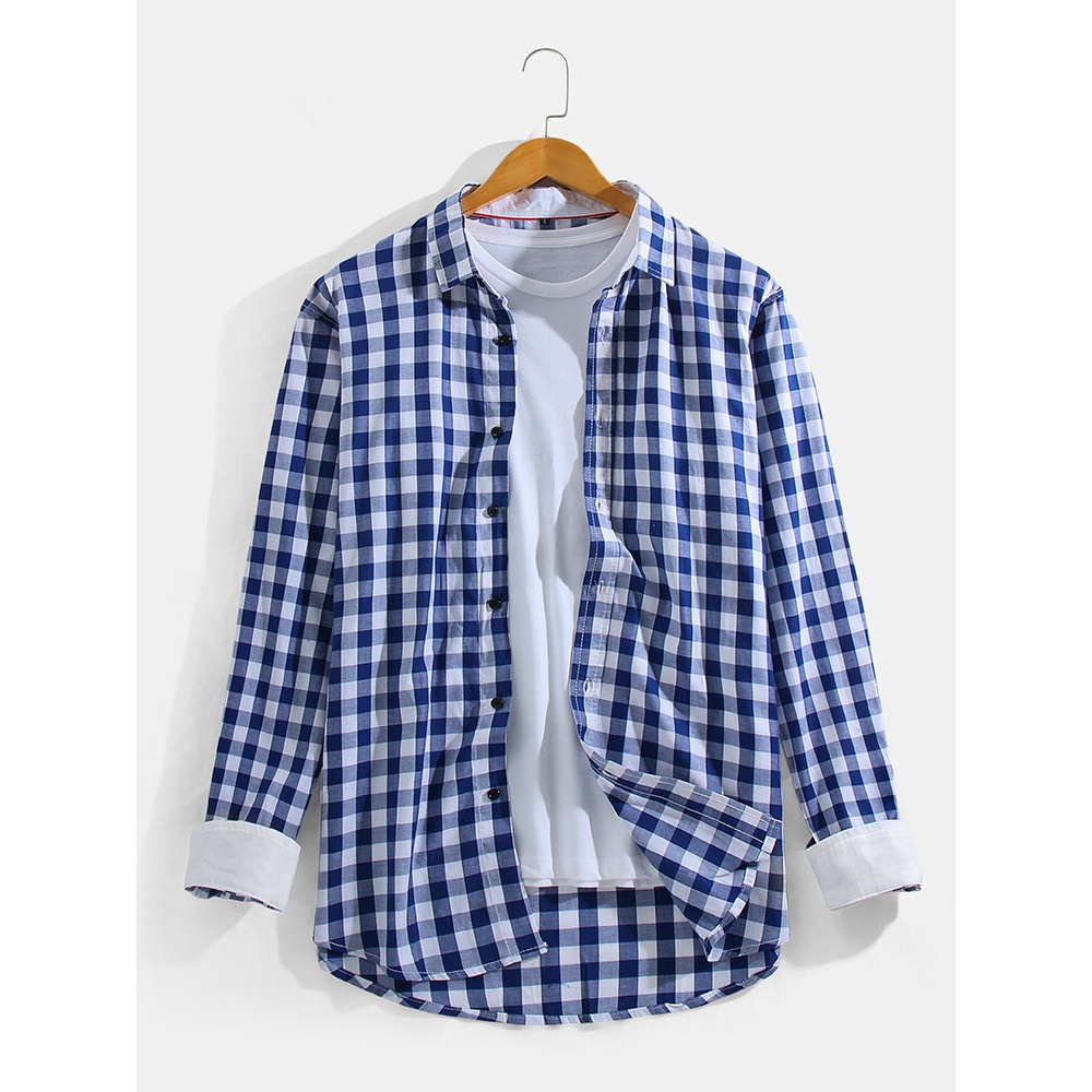 Mens Blue Plaid Double Pocket Long Sleeve Casual Shirts - Blue M