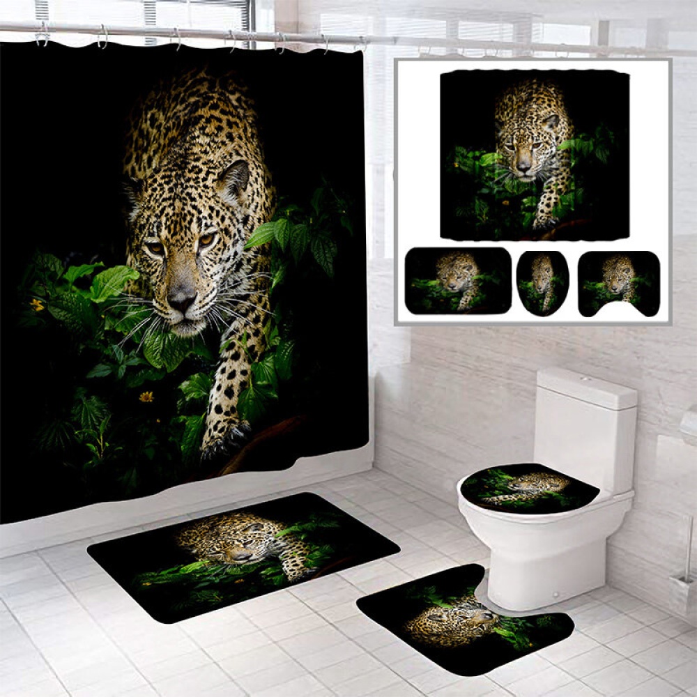 3D Leopard Pattern Shower Curtain Anti-slip Bath Mat Toilet Pad Set Toilet Pattern Carpet for Home Bath Decor - 3Pcs Floor mat - Image 2