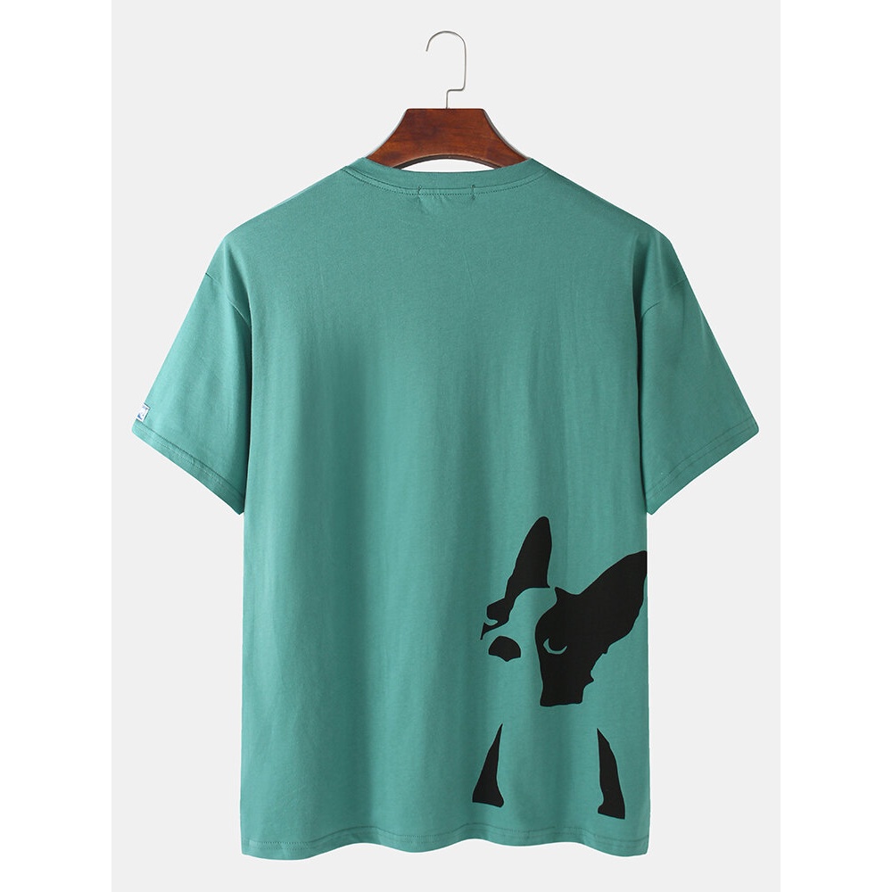 Mens Cotton French Bulldog Print Solid Color Breathable Loose O-Neck T-Shirts - White L