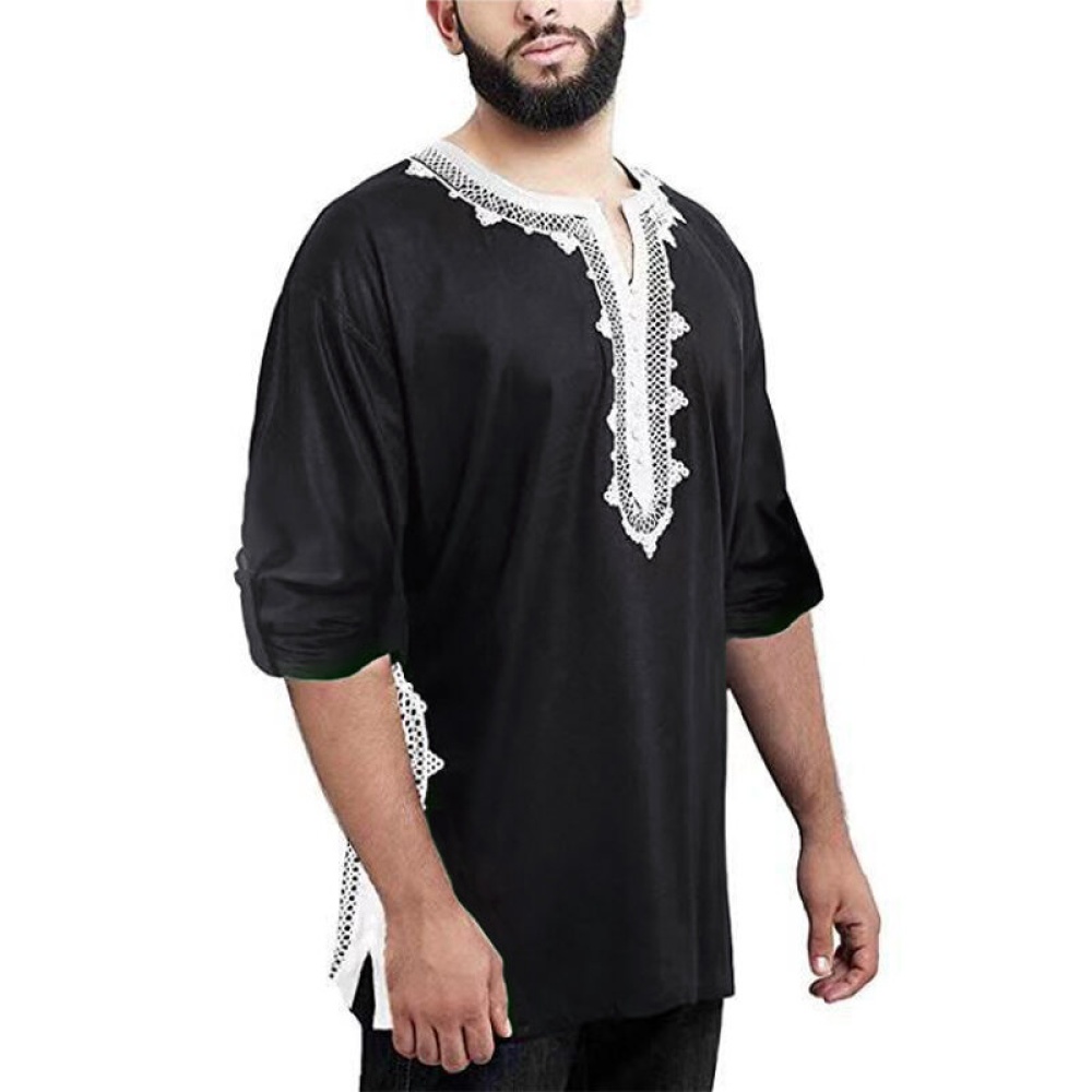 Mens Ethnic Style Half Sleeve V Neck Casual Shirts - S Black