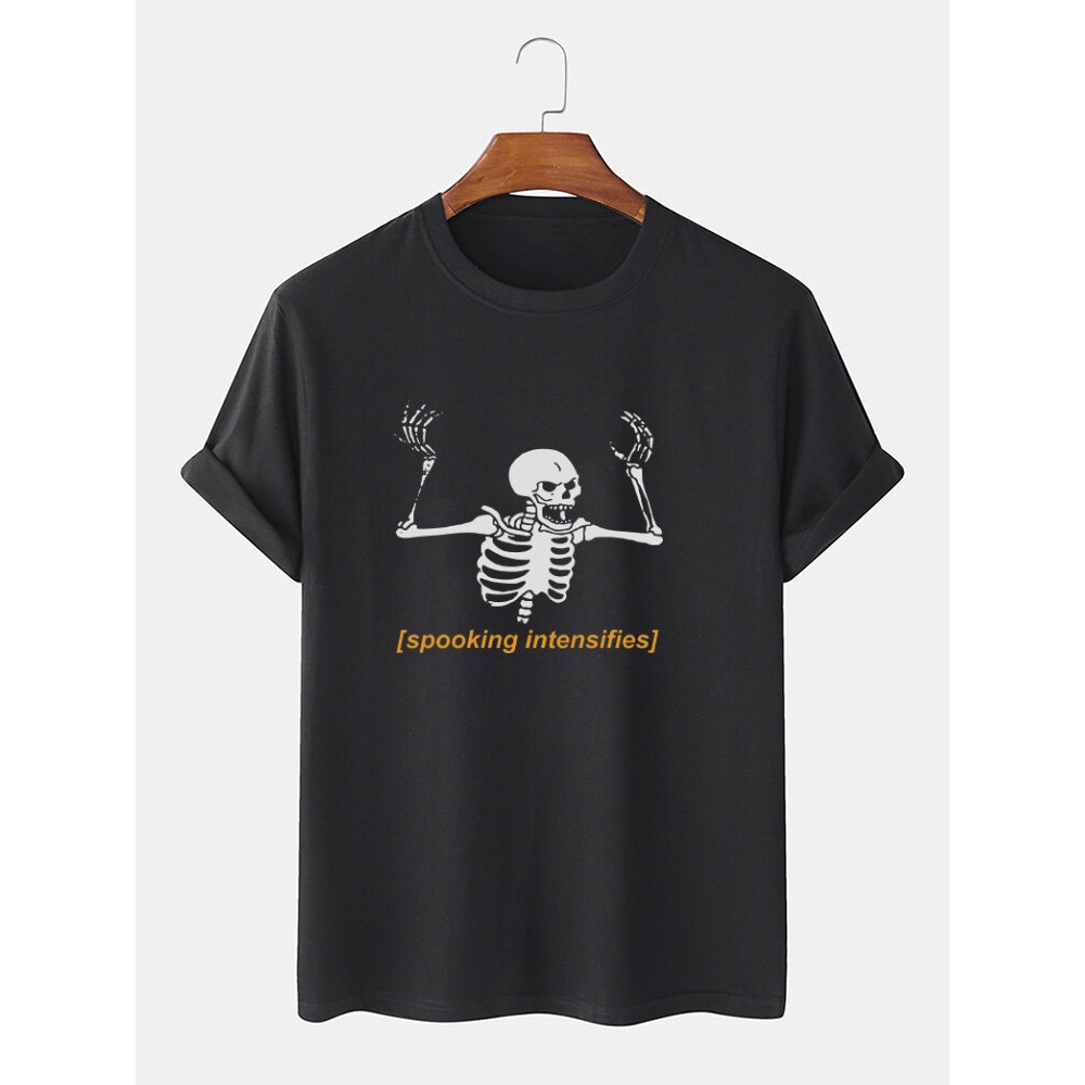 Mens 100% Cotton  Skeleton Letter Print Short Sleeve T-Shirts - Black S