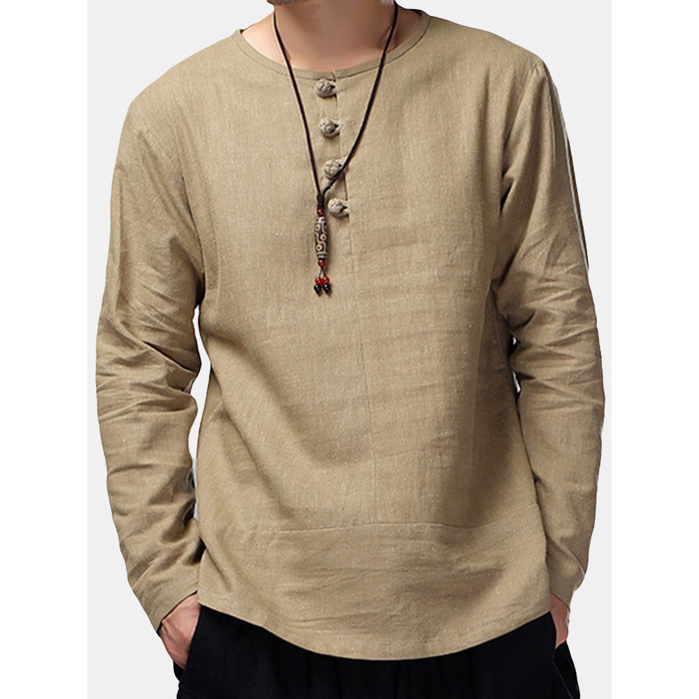 Charmkpr Mens Loose Long Sleeve Cotton Linen Tops Breathable Antibacterial Vintage T-Shirts - S White