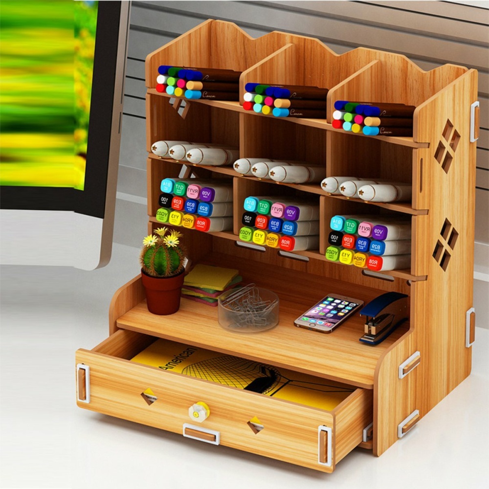 Multi-function Creative Wooden Mobile Phone Storage Rack Pencil Pen Holder Desk - Brown - Image 2