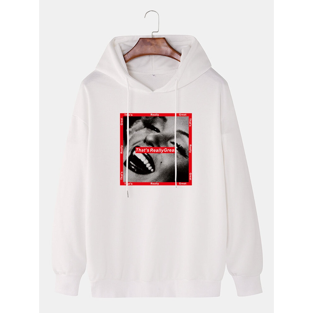 Cotton Mens Figure Face Pattern Slogan Print Drop Shoulder Long Sleeve Hoodies - White S