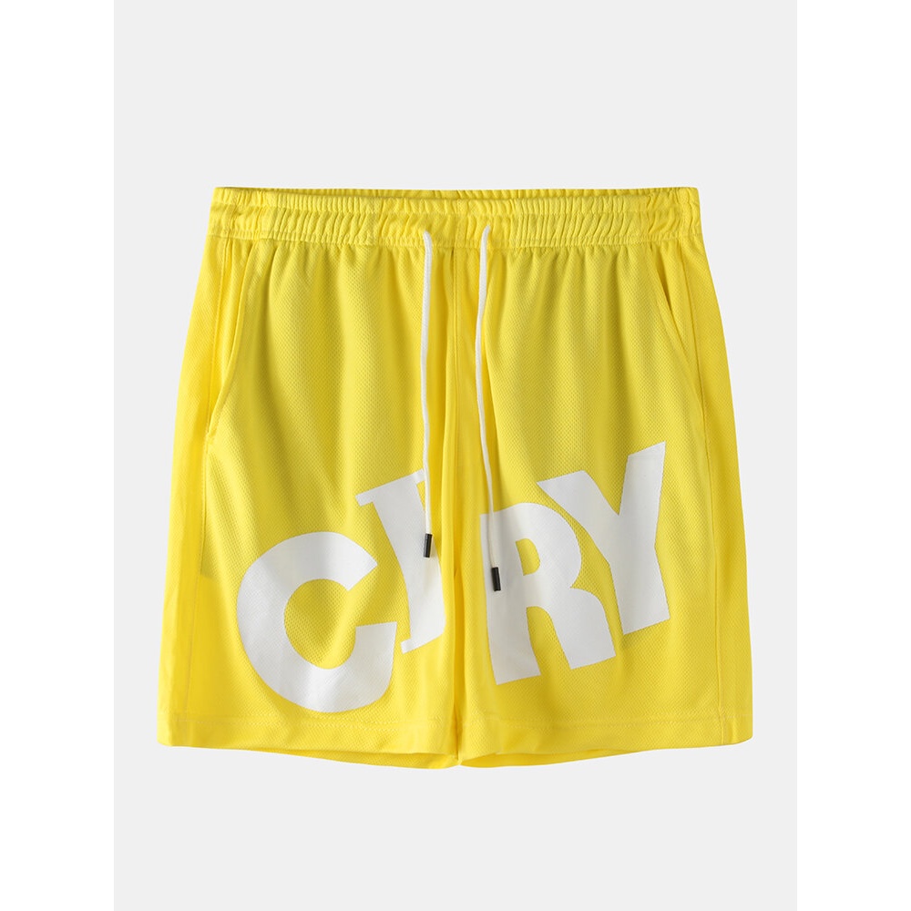 Men Letter Print Solid Color Pocket Drawstring Holiday Casual Shorts - Yellow S