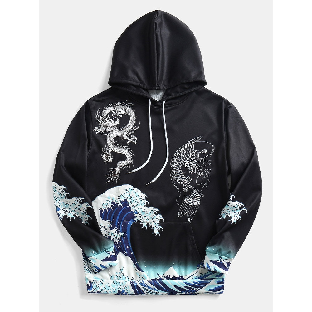 Mens Windproof Ukiyo-e Element Dragon Wave Pattern Black Hoodies - Black M