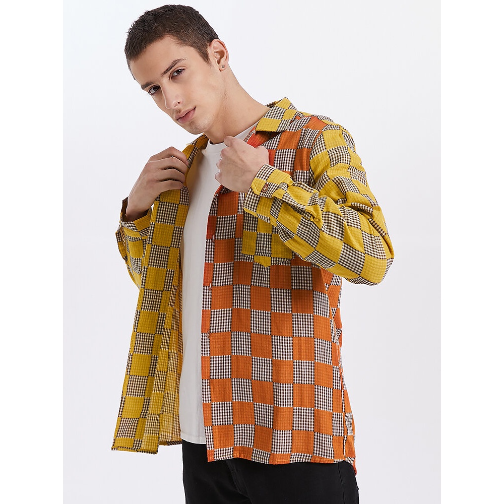 Mens Gingham Check Patchwork 100% Cotton Long Sleeve Shirts - Green S