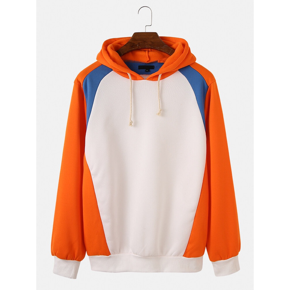 Mens Color Block Simple Drop Shoulder Long Sleeve Drawstring Hoodies - Orange S