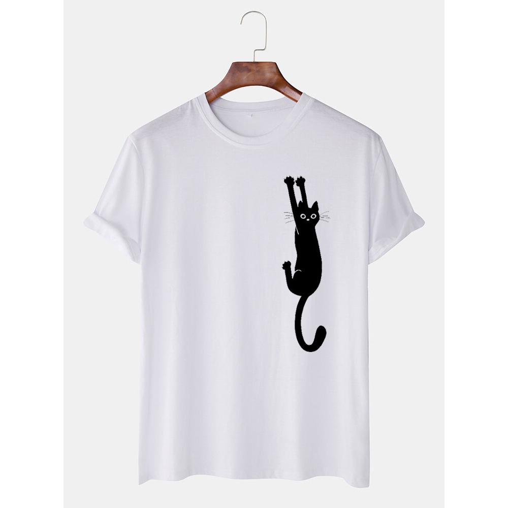Mens Fun Cartoon Cat Printed Round Neck Short Sleeve Loose T-Shirts - White XL