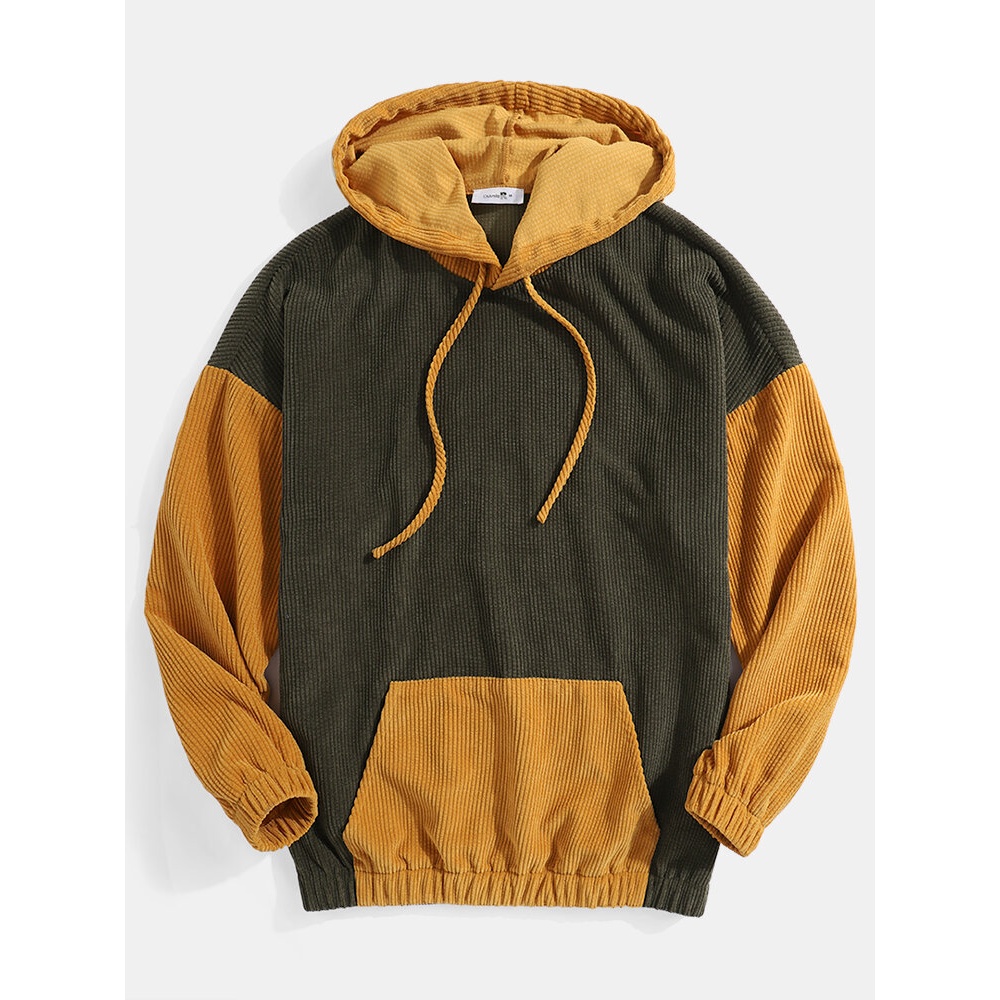 Mens Corduroy Solid Color Patchwork Drop Shoulder Kangaroo Pocket Casual Hoodies - Army Green S