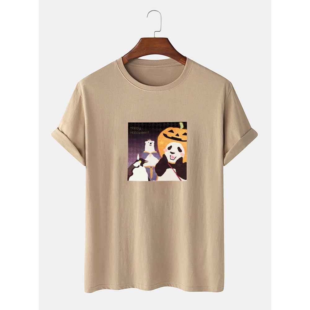 Mens 100% Cotton  Cartoon Panda Print Crew Neck Short Sleeve T-Shirts - Black M