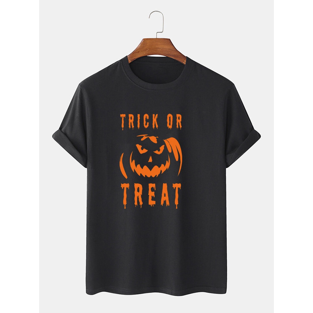 Mens 100% Cotton Letter & Pumpkin Print  Short Sleeve T-Shirts - Black M