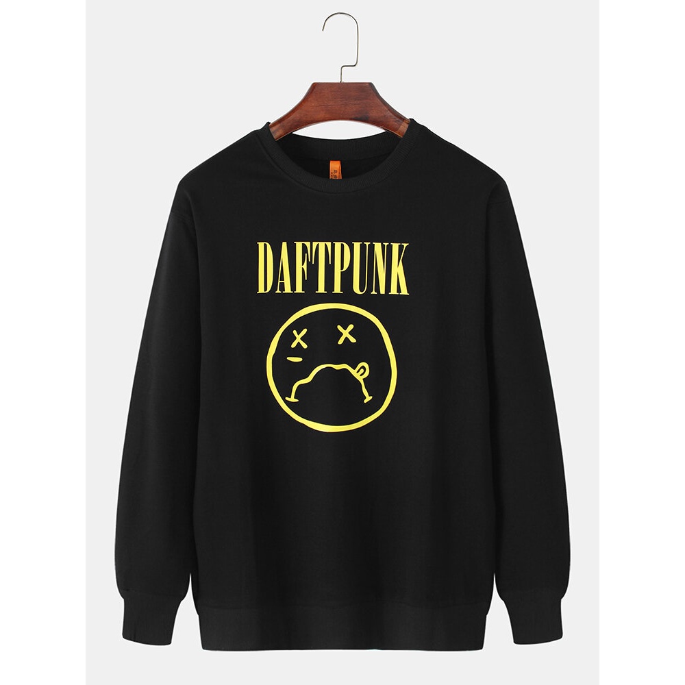 Mens Cotton Letter Print Emojis Pattern Long Sleeve Pullover Sweatshirts - Yellow S