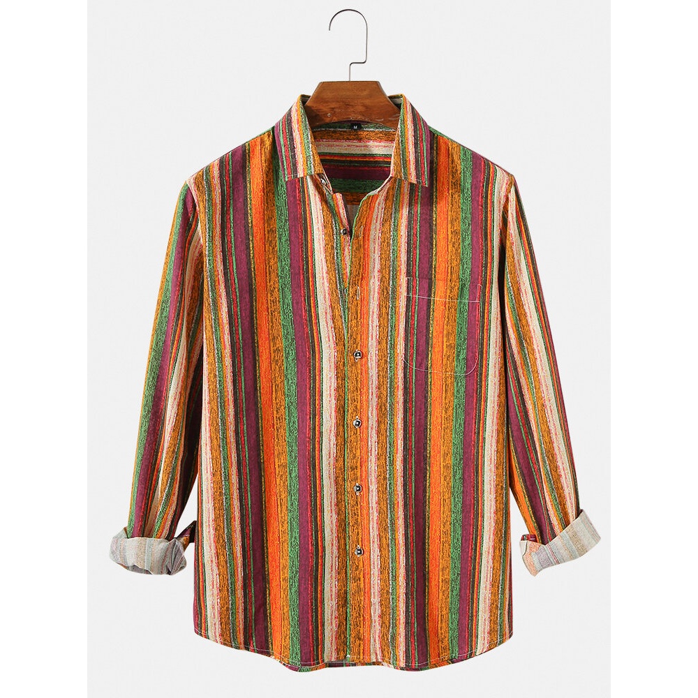 Mens Vintage Style Multi-Color Stripes Cotton Lapel Collar Long Sleeve Shirts - Red L