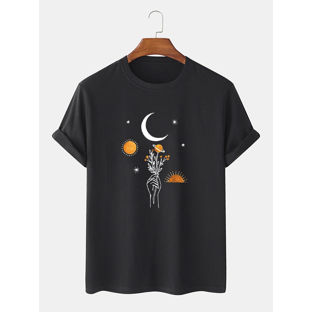 Mens 100% Cotton Moon Flowers Print Solid Breathable Loose T-Shirt - Black S