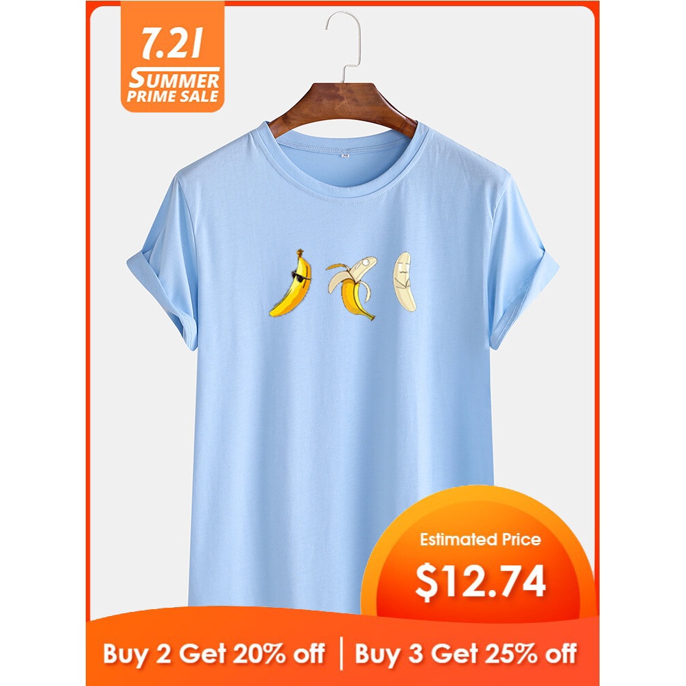 Mens Cartoon Three Banana Printed Short Sleeve Casual T-Shirts - Dark Blue S