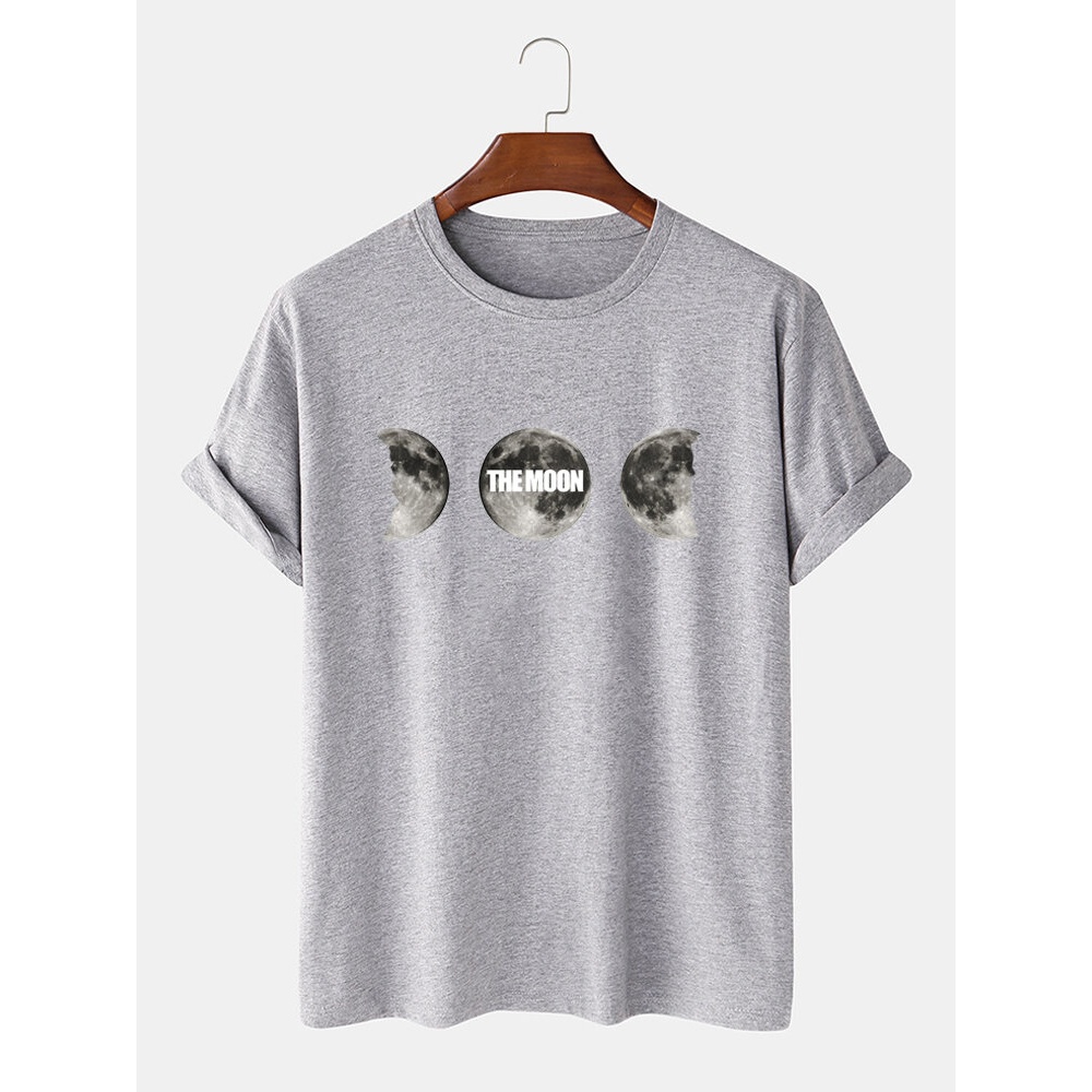 Mens 100% Cotton Moon Printed Round Neck Casual Short Sleeve T-Shirts - Black S