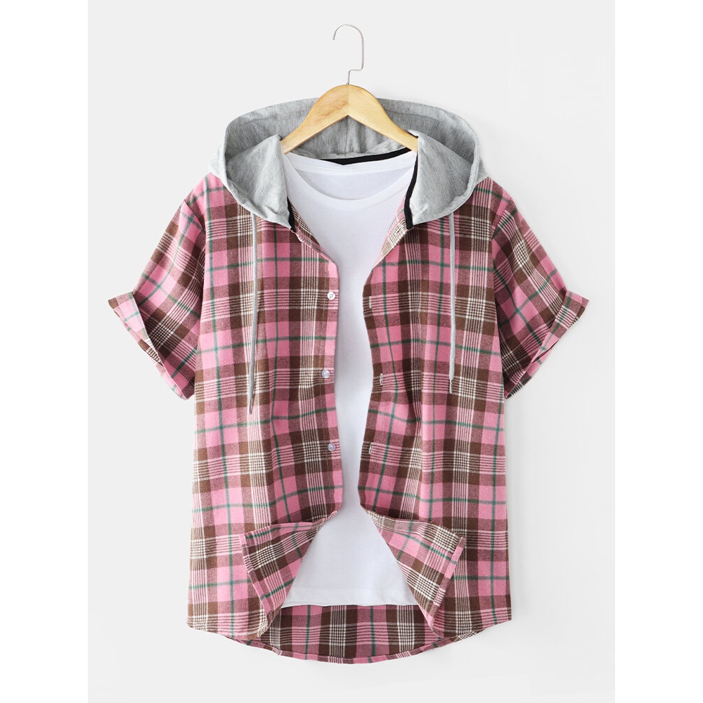 Mens Check Button Front Short Sleeve Casual Drawstring Hooded Shirts - Pink S
