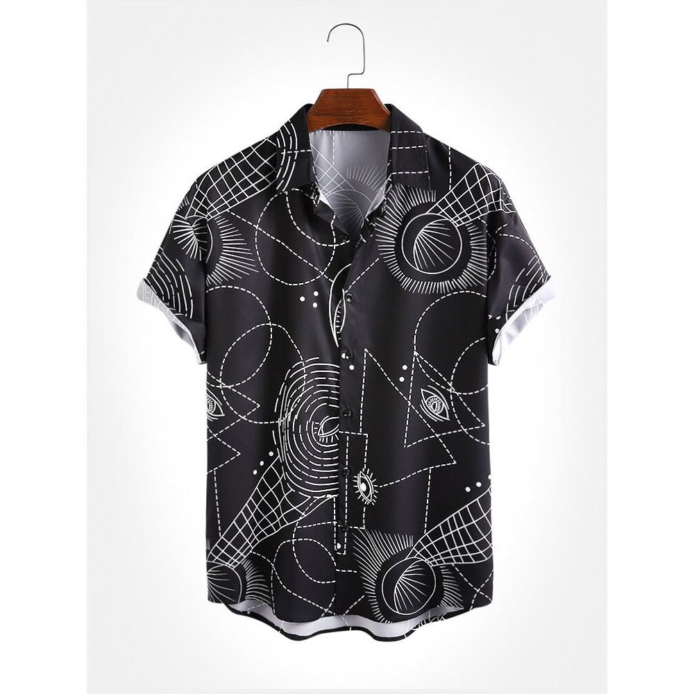 Mens Geometric Pattern Print Turn Down Collar Short Sleeve Shirts - Black L