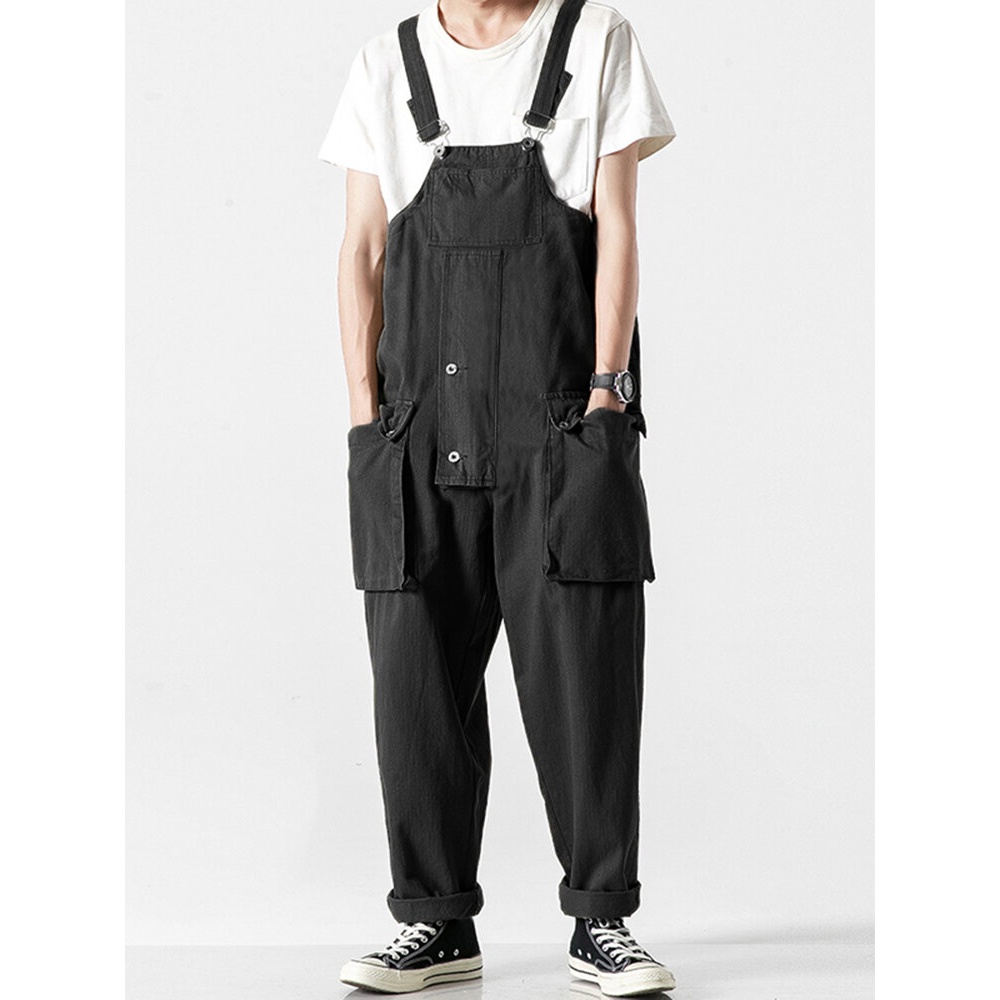Mens Fashion High Rise Solid Color Multi Pockets Casual Overalls Pants - S Black