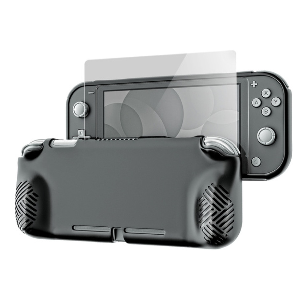 Silicone Case + Tempered Glass HD Screen Protector Set Soft Cover Shell for Nintend Switch Lite black