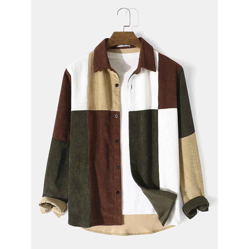Men Corduroy Patchwork Contrast Color Block Lapel Collar Buttons Casual Shirts - Khaki S