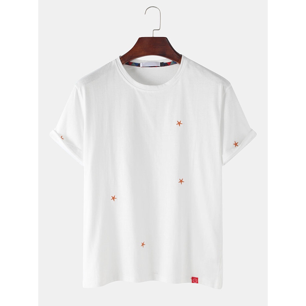 Cotton Star Embroidery Round Neck Short Sleeve Casual T-Shirts - Grey L