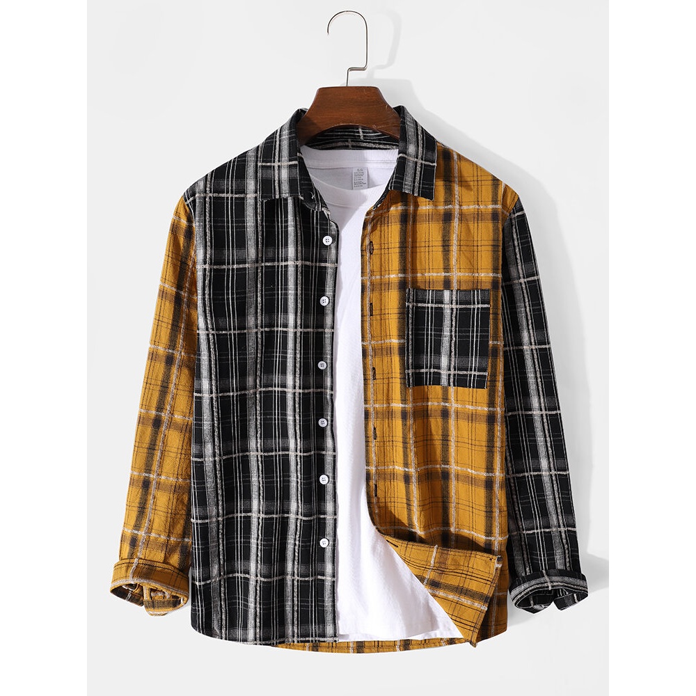 Mens Check Stitching Lapel 100% Cotton Long Sleeve Shirts - Black S