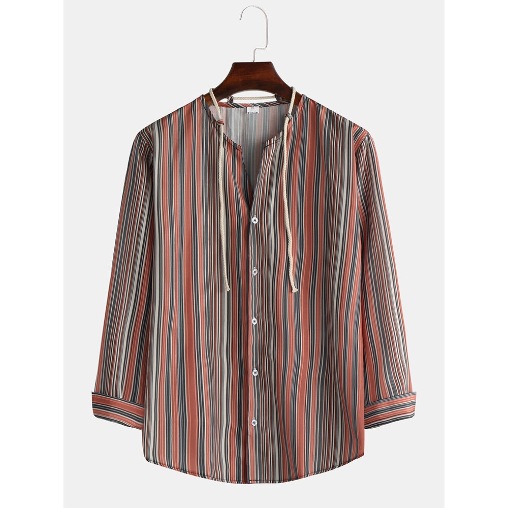 Colorful Stripe Fashion Drawstring Long Sleeve Casual Shirts - L Red
