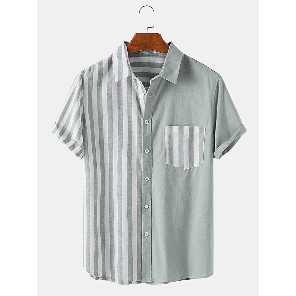 Mens Patchwork Striped Turn Down Collar Short Sleeve Shirts - Green XL