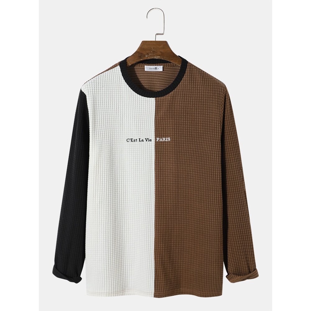 Mens Letter Embroidered Tricolor Polar Fleece Texture T-Shirts - Brown S