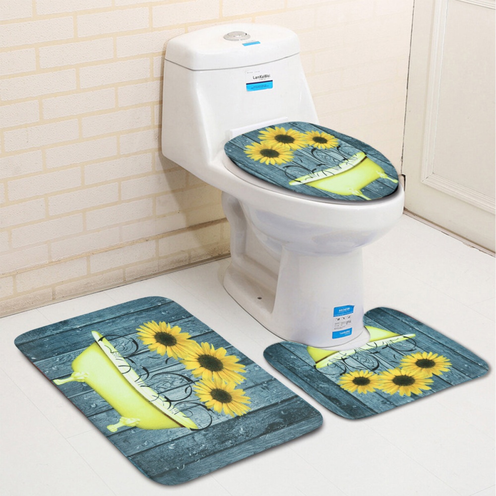 Bathroom Shower Curtain Set Bath Slip Rugs Toilet Lid Cover Bath Mat Home Decor - Carpet - Image 2