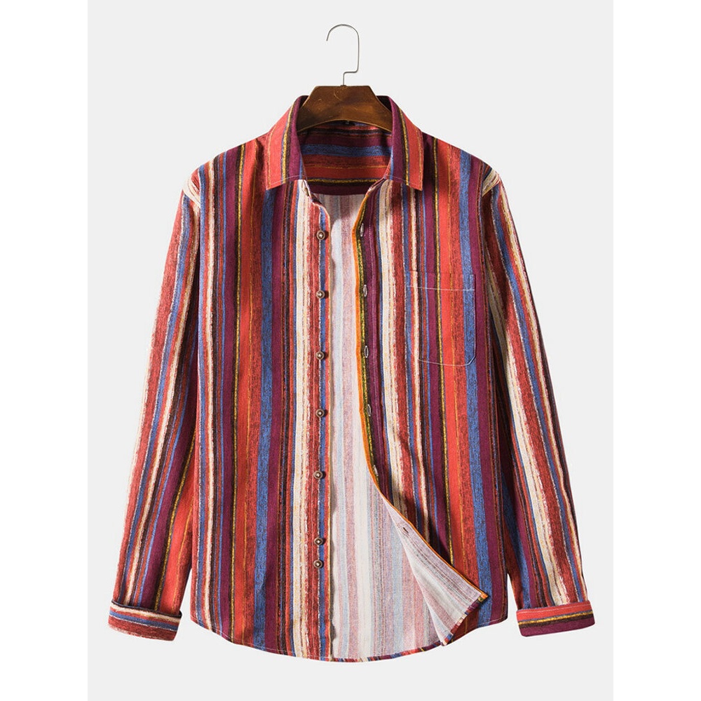 Mens Vintage Cotton Striped Pocket Breathable Long Sleeve Casula Shirts - Red M