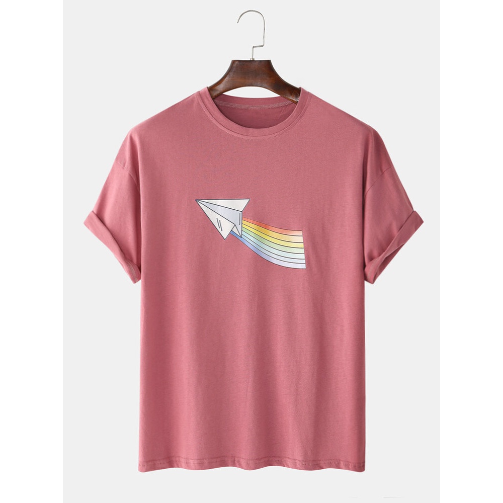 Mens Print Cotton Casual Round Neck Short Sleeve T-Shirts - Pink 3XL