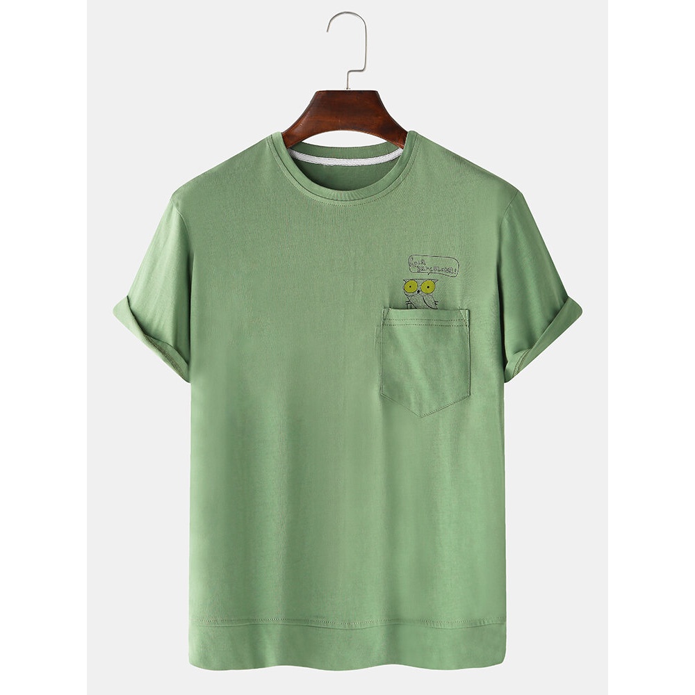 Castoon Owl Print Short Sleeve Cotton T-Shirts With Pocket - Green M