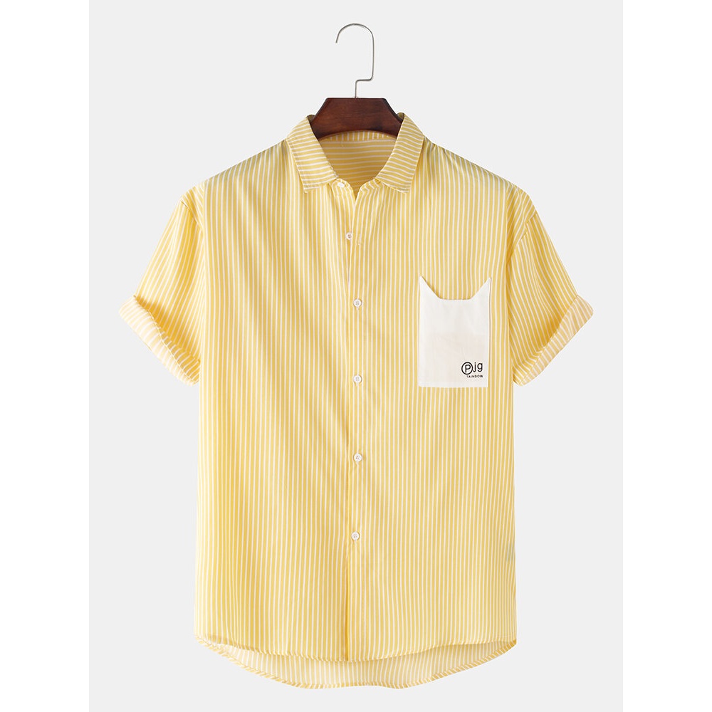 Mens Vertical Stripes Cute Pocket Short Sleeve Holiday Casual Shirts - Black M