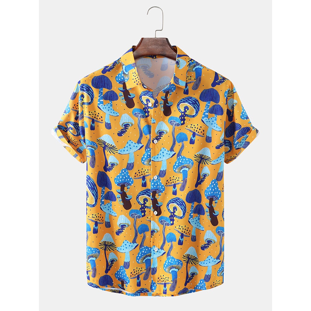 Mens Cartoon Mushroom Print Lapel Short Sleeve Shirt - Yellow XL