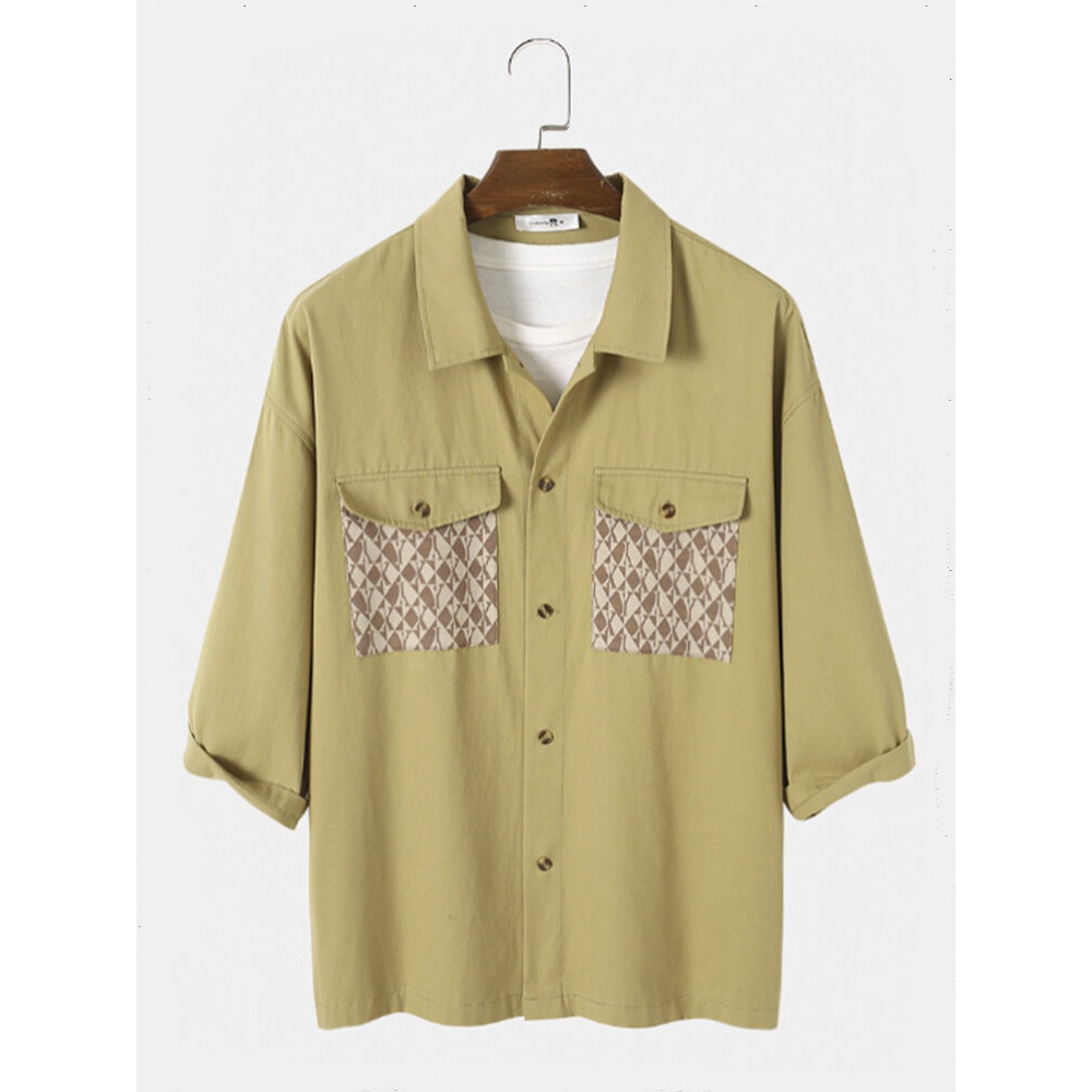Men Cotton 2/3 Sleeve Patchwork Pockets Front Buttons Casual Shirts - Khaki S