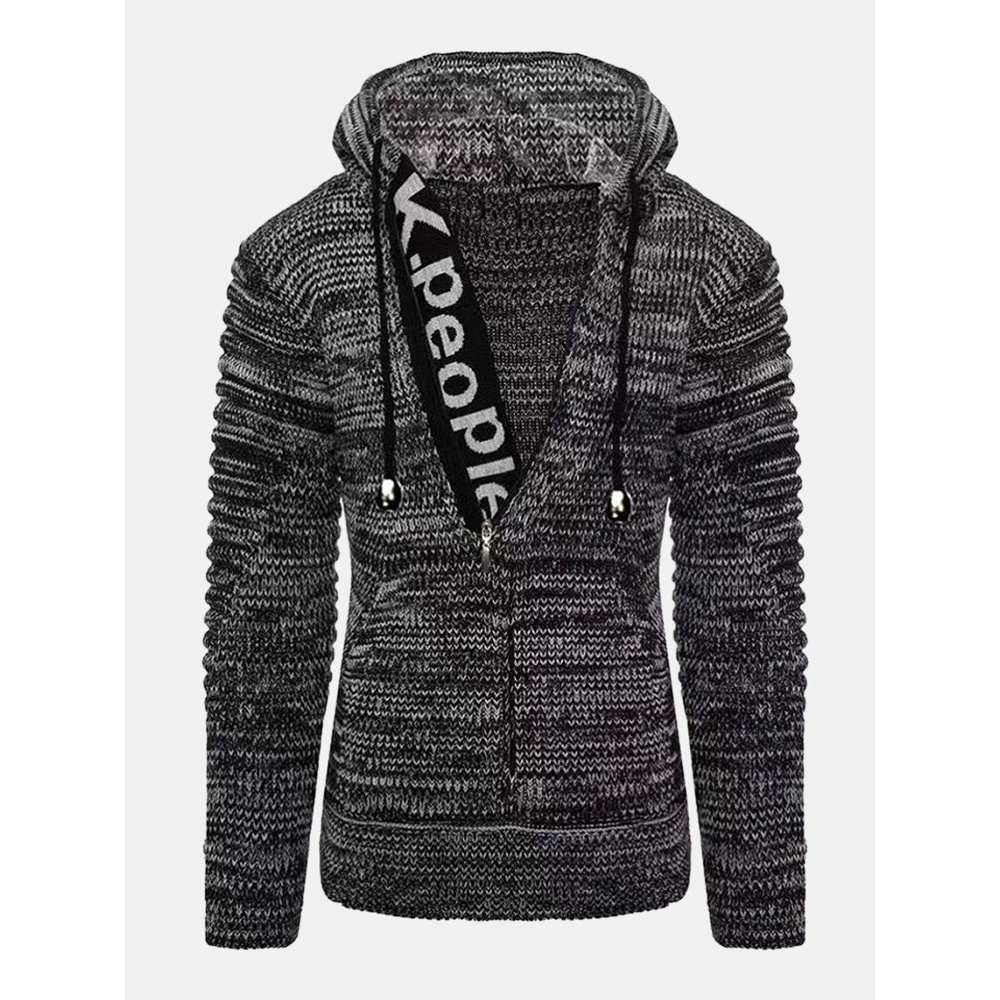 Mens Letter Pattern Half Zip Vintage Knitted Drawstring Sweater Hoodies - White XL