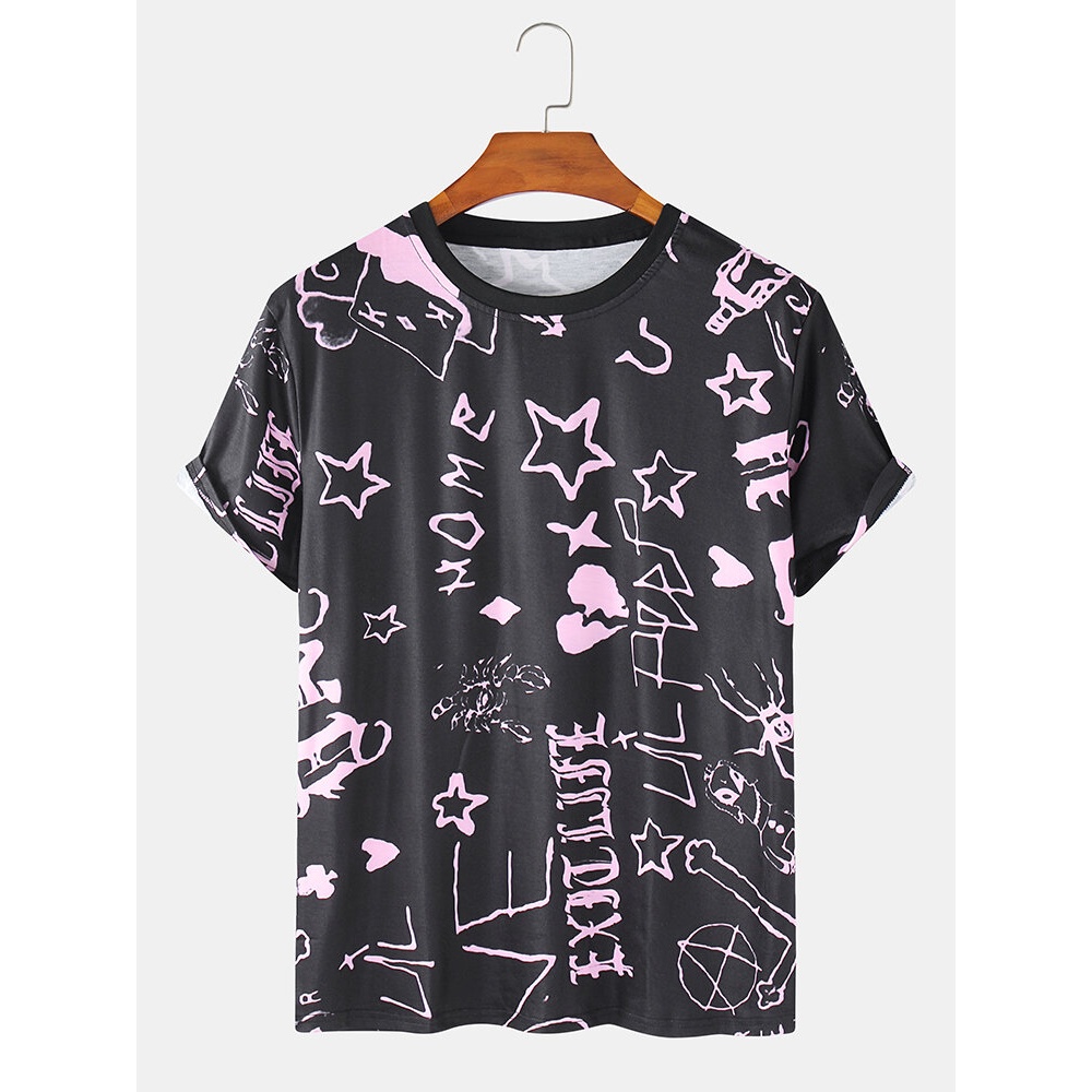 Mens Letter Stars Print Crew Neck Loose Casual Short Sleeve T-Shirts - Black XL