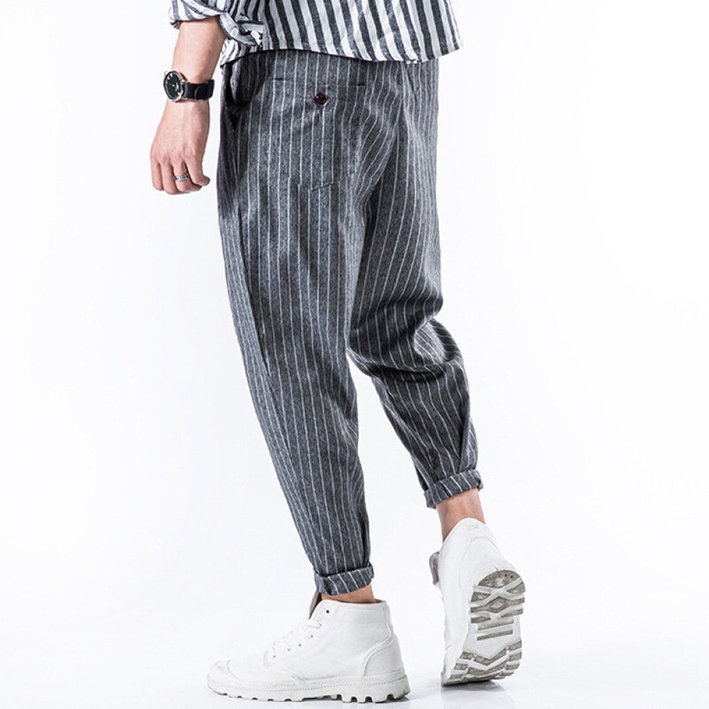 Striped Printed Cotton Harem Pants - L Gray - Image 2