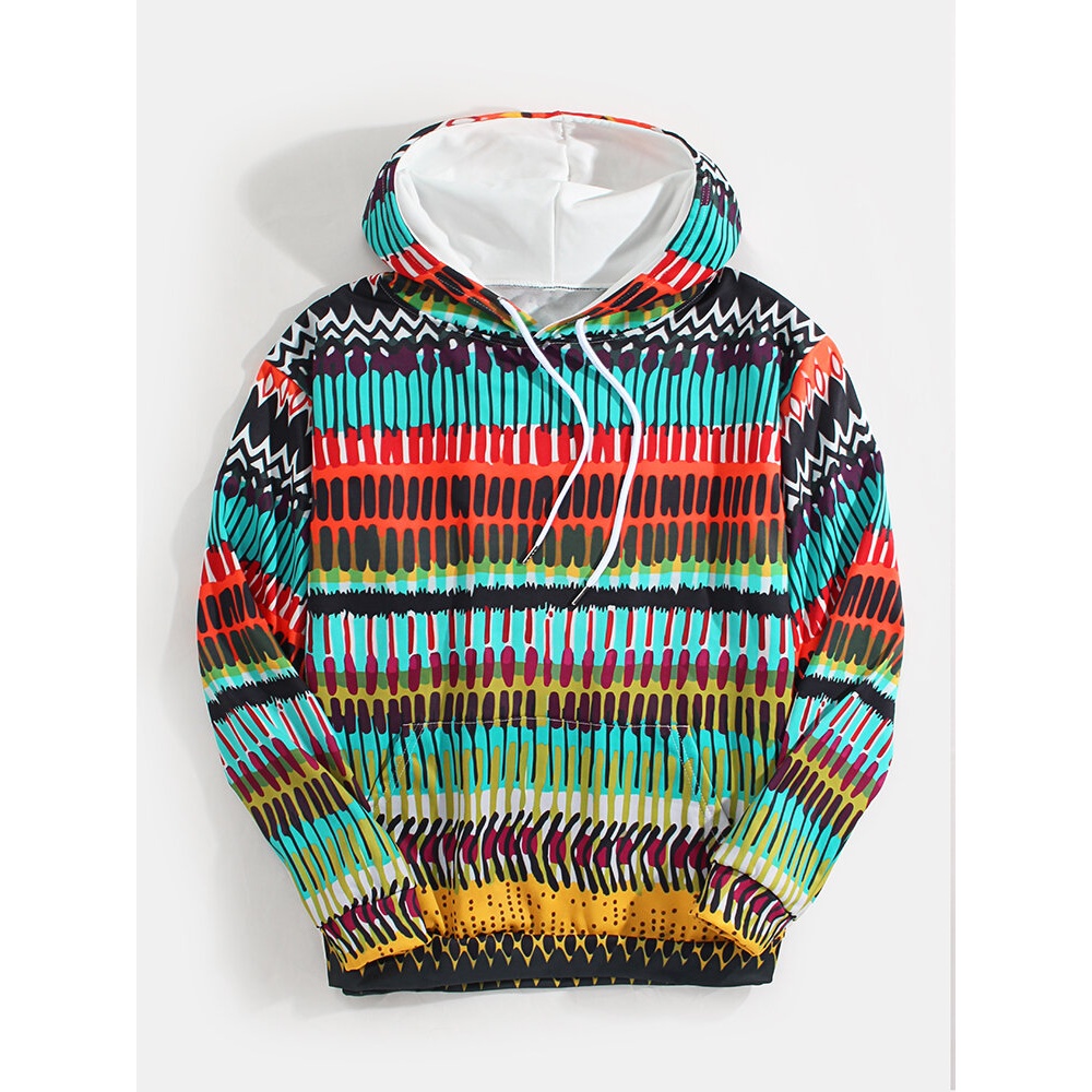 Mens Colorful Ethnic Style Print Long Sleeve Kangaroo Pocket Vintage Drawstring Hoodies - L Coffee