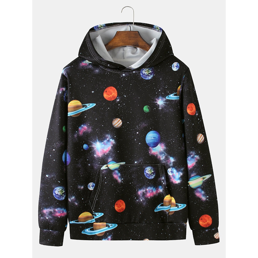 Mens Allover Starry Sky Colorful Planet Print Casual Kangaroo Pocket Hoodies - Black L