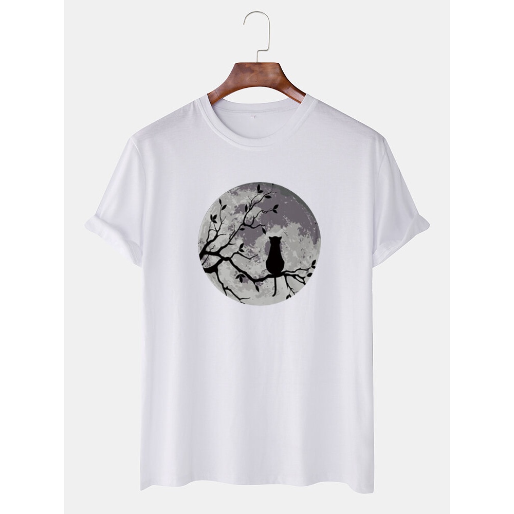 Mens Funny Moon & cat Graphic Printed Casual Short Sleeve Breathable T-Shirts - Black S