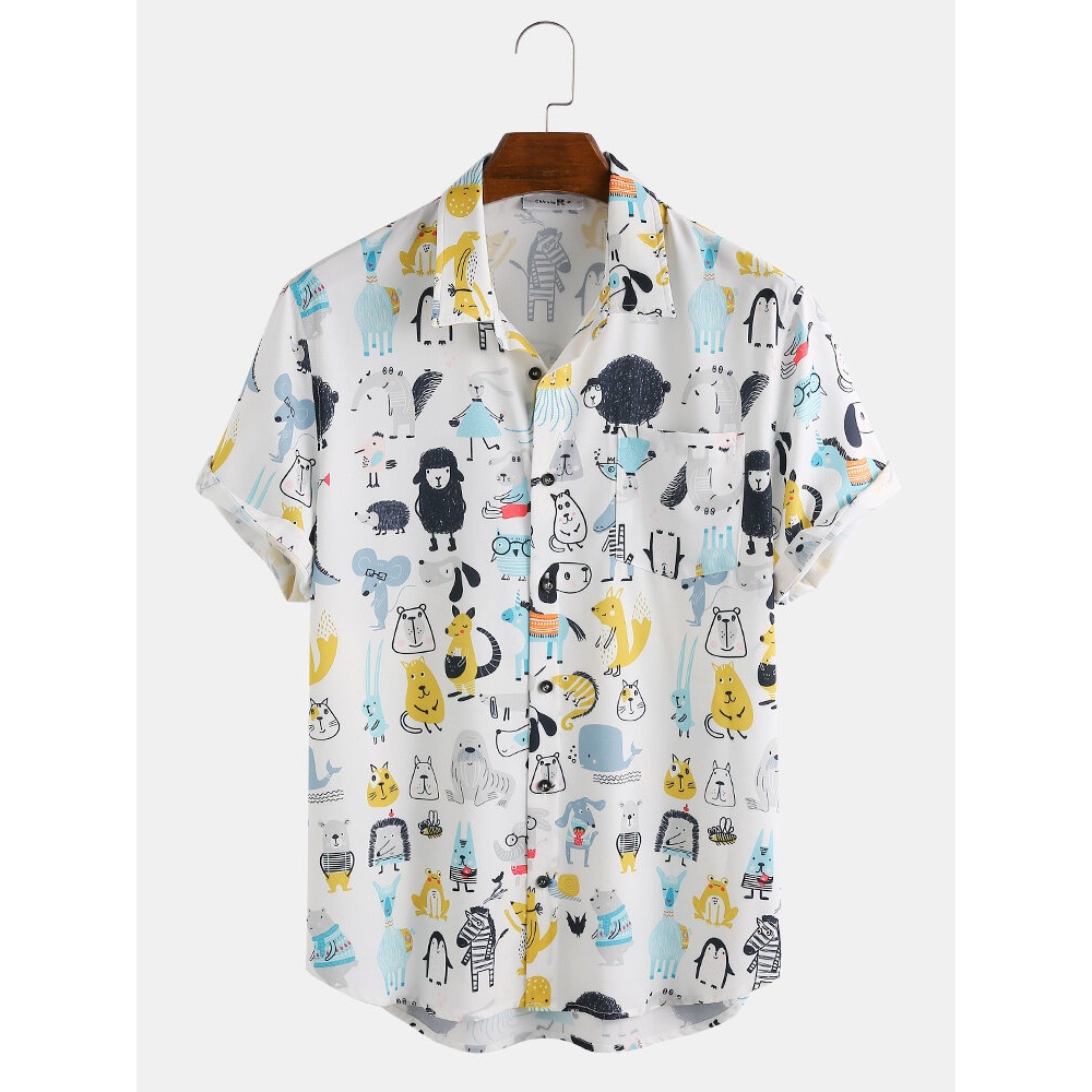 Mens Fashion Cartoon Print Turn Down Collar Short Sleeve Shirts - White M