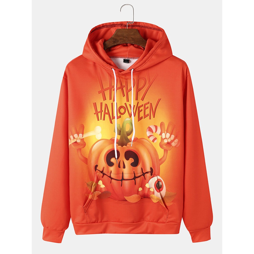Mens  Pumpkin Letter Hoodies With Kangaroo Pocket - Orange L