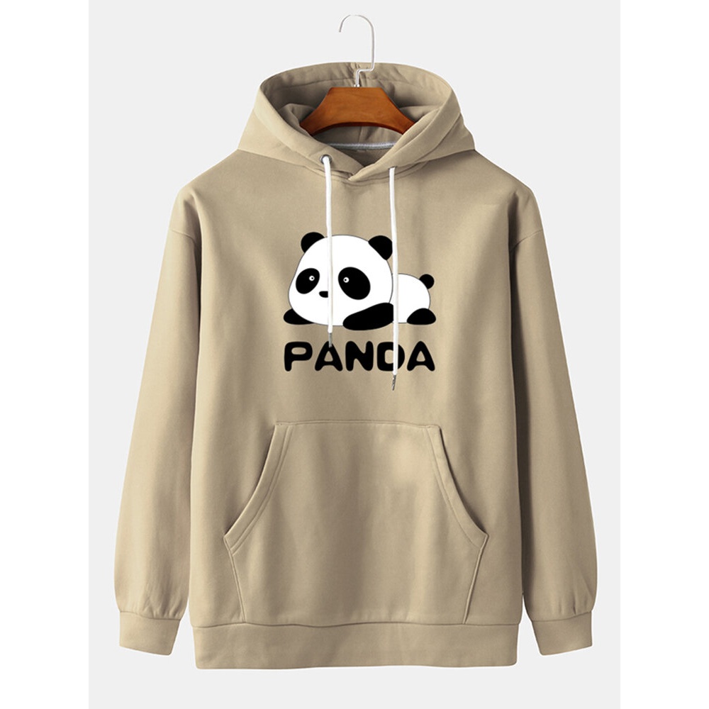 Mens Cartoon Panda Print Drop Shoulder Hoodies With Pouch Pocket - Grey S