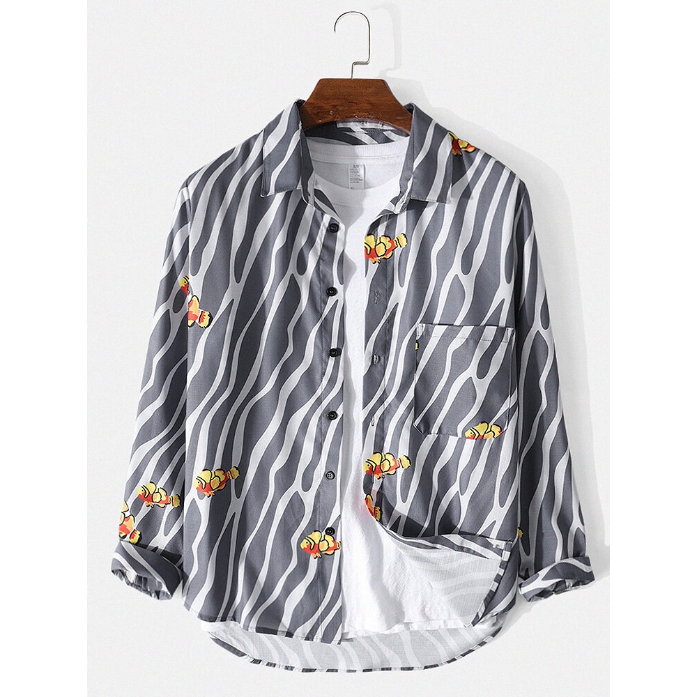 Mens Wavy Stripes Print Designer Chest Pocket Lapel Shirt - Grey S